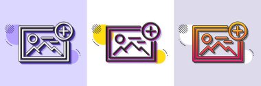 Fotoğraf satırı simgesi ekle. Yarı ton noktalı desen. Gradyan simgesi ve tahıl gölgesi. Resim küçük resim işareti. Resim tutucu sembolü. Satır ekleme resim simgesi. Çeşitli tasarımlar. Vektör