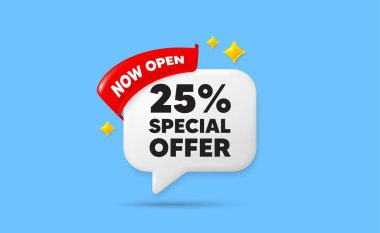 İndirimli kurdele konuşma balonu. Şimdi bayrak kurdelesini aç. Yüzde 25 indirim teklif etiketi. İndirimli reklam tabelası. Özel teklif sembolü. 3D Pırıltılı Yıldızlar konuşma balonu. Vektör