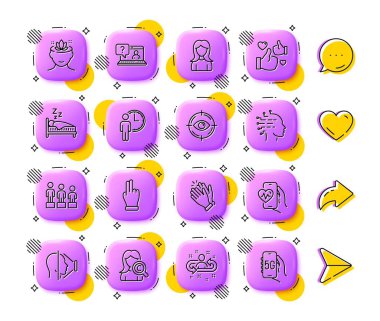 El çırpma, yapay zeka ve kardiyo eğitim çizgisi simgeleri. Uygulama 3d düğmeleri. Sosyal medya yorumları, paylaşım, ikonlar gibi. Yoga zihni, işe alım, Faq ikonu. Vektör