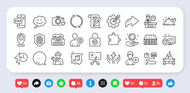 Konuşma balonu, sunum zamanı ve müzikal not satırı simgeleri paketi. Sosyal medya: paylaşım, yorum, ikonlar gibi. Yatak, fotoğraf makinesi, zamanlayıcı web simgesi. Vektör