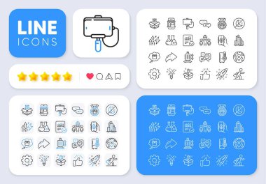 Ekoloji uygulaması, Mühendislik takımı ve web uygulaması için Pin satırı simgeleri. Mesaj, Paylaş, sosyal medya simgeleri gibi. Gökdelen binaları, buzdolabı, köpek yarışması ikonları. Vektör