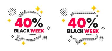 Kara hafta sohbet balonu. Sosyal medya konsepti. Kara hafta% 40 indirimli. Özel indirim tabelası. Kara Cuma teklif sembolü. 3D parlayan yıldızlar sohbet baloncuğu. Vektör