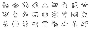 Dudaklar, Kilit ve Psikoloji çizgi simgeleri. Paylaş, Mesaj, Kağıt uçak simgeleri. El gibi, Tıkla el, Seyahat yolu web simgesi. El yıkama, sosyal mesafe, insan resimleri. Vektör