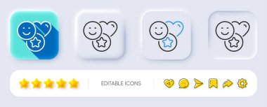 Sosyal medya çizgi simgesini sever. Neumorfik, düz gölge, üç boyutlu düğmeler. Kalp, yıldız işareti. Olumlu gülümseme geri bildirim sembolü. Çizgi gülümseme ikonu. Sosyal medya simgeleri. Vektör