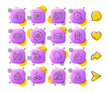 Alışveriş yapmayı, dikkat ve şarj uygulama hattı simgelerini durdurun. Uygulama 3d düğmeleri. Sosyal medya yorumları, paylaşım, ikonlar gibi. Paket teslimat değişimi, bulmaca, öksürük ikonu. Vektör