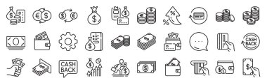Para çizgisi simgeleri. Ayarlar, mesaj, enflasyon simgeleri. Bir dizi bankacılık, cüzdan ve sikke ikonu. Kredi kartı, döviz kuru ve nakit para servisi. Vektör