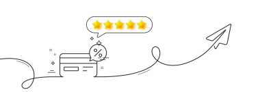 Kredi kartı simgesi. Paylaşım düzlemiyle aralıksız çizgi. İndirim işaretli banka ödeme kartı. Nakit servis sembolü. Konuşma balonunda beş yıldızlı değerlendirme. Nakit tek şeritli şerit. Vektör