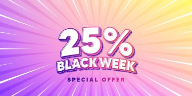 Kara hafta güneş ışınları gradyan bayrağı. Işık patlaması arka planı. Kara hafta% 25 indirimli. Özel indirim tabelası. Kara Cuma teklif sembolü. Artan güneş ışınları. Güneş ışığı. Vektör