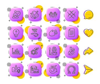 Sertifika, Geçiş ve Manga çizgi simgeleri. Uygulama 3d düğmeleri. Sosyal medya yorumları, paylaşım, ikonlar gibi. Yoga paketi, boşluk, diyagram grafik simgesi. Kan bağışı, 360 derece, güvenli zaman çizelgesi. Vektör