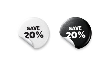 İndirim etiketleri. Parlak kağıt fiyatlı rozet. Etikette% 20 indirim yap. İndirimli fiyat tabelası. Özel teklif sembolü. Yuvarlak çıkartma teklif et. Reklam afişi. Vektör