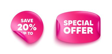 İndirim etiketi afişi. Kağıt fiyat etiketi. Yüzde 20 'ye kadar para biriktir. İndirim indirimi fiyat tabelası. Özel teklif sembolü. Mesajlı kağıt çıkartması. Etiket afişini teklif et. Vektör