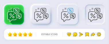 Sohbet baloncukları satır simgesi indirimi. Neumorfik, düz gölge, üç boyutlu düğmeler. Teklif levhası. Promosyon fiyatı sembolü. Satır indirimleri sohbet ikonu. Sosyal medya simgeleri. Vektör