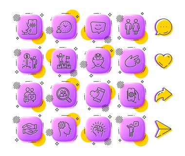 Yetkilendirme, Mühendislik ve Zaman yönetim çizgisi simgeleri. Uygulama 3d düğmeleri. Sosyal medya yorumları, paylaşım, ikonlar gibi. Tuvalet paketi, kalp, sesli mesaj ikonu. Vektör