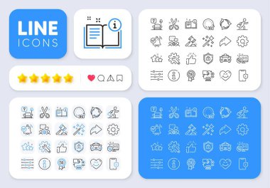 Yıldızlar, 360 derece ve bildirim web uygulaması için çizgi simgeleri aldı. Mesaj, Paylaş, sosyal medya simgeleri gibi. Bir paket Cut, Manuel, 5G teknolojili pictogram ikonları. Vektör