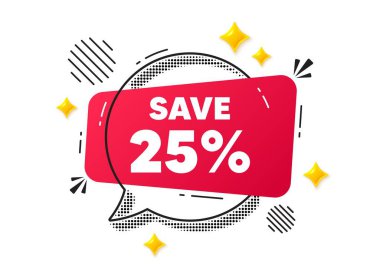 İndirimli konuşma balonu. Sosyal medya konsepti. Etikette% 25 indirim var. İndirimli fiyat tabelası. Özel teklif sembolü. Kırmızı sohbet mesajı. Konuşma balonu teklif et. Parlak 3D yıldızlar. Vektör