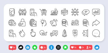 Mesaj at, imzala ve satır simgelerini kilitle. Sosyal medya: paylaşım, yorum, ikonlar gibi. Ortaklık, El Tıklama, Güvenlik uygulaması web simgesi. Vektör