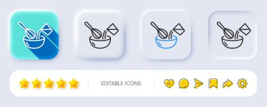 Yemek çırpma çizgisi simgesi. Neumorfik, düz gölge, üç boyutlu düğmeler. Çatal bıçak seti. Yemek karışımı sembolü. Hat pişirme çırpma simgesi. Sosyal medya simgeleri. Vektör