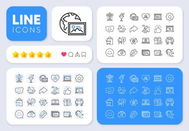 Web uygulaması için dondurma, pazar ve gülümseme çizgisi simgeleri. Mesaj, Paylaş, sosyal medya simgeleri gibi. Muhasebe paketi, domuz satışı, uyku ikonları. Vektör