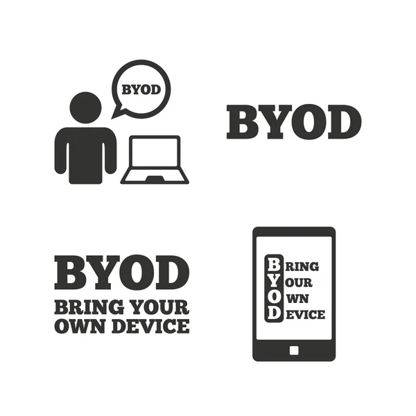 BYOD signs. Human with notebook and smartphone. — Stock Vector