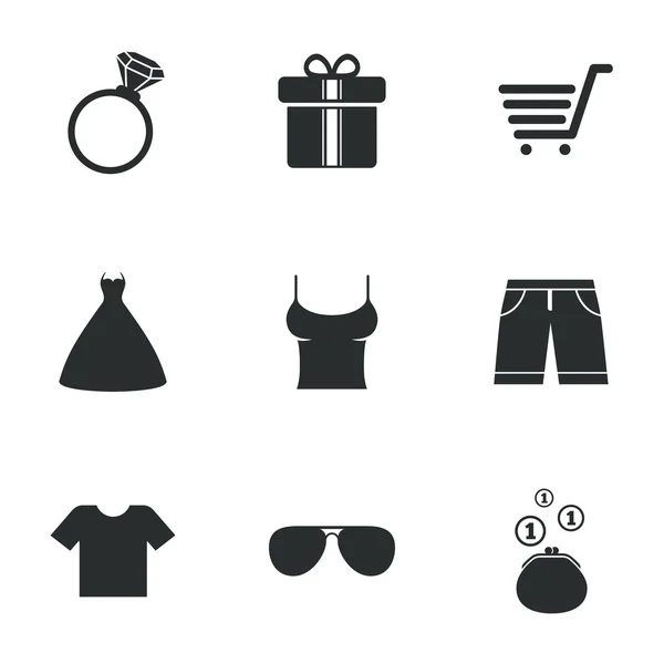 Kleding, accessoires pictogrammen. Winkelen tekenen. — Stockvector