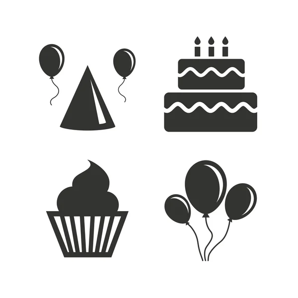 Fête d'anniversaire. Gâteau, ballon, chapeau — Image vectorielle