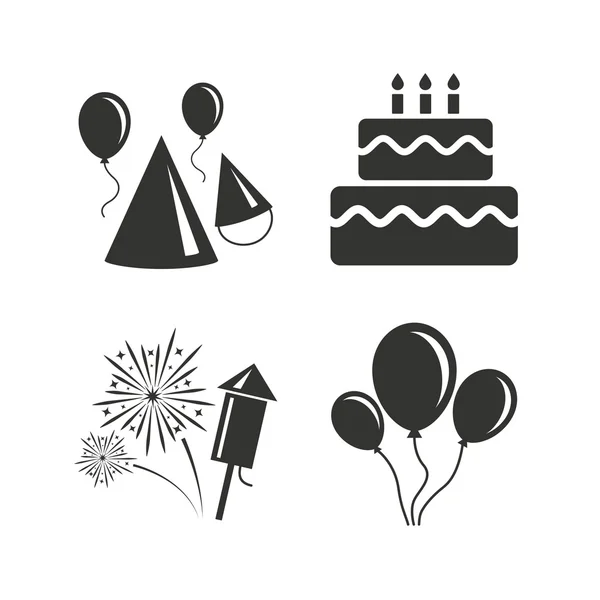 Fête d'anniversaire. Gâteau, ballon, chapeau — Image vectorielle
