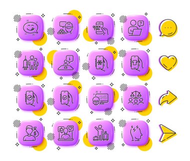 Finansal uygulama, havalimanı transferi ve siber saldırı hattı simgeleri. Uygulama 3d düğmeleri. Sosyal medya yorumları, paylaşım, ikonlar gibi. Bir paket tıbbi aşı, klima, onaylanmış uygulama simgesi. Vektör