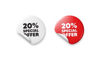 İndirim etiketleri. Parlak kağıt fiyatlı rozet. Yüzde 20 indirim teklif etiketi. İndirimli reklam tabelası. Özel teklif sembolü. Yuvarlak çıkartma teklif et. Reklam afişi. Vektör