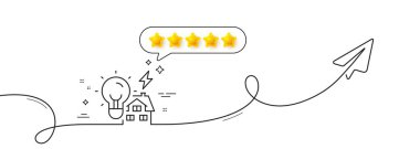 Enerji hattı simgesi oluşturuluyor. Paylaşım düzlemiyle aralıksız çizgi. Ev elektriği tabelası. Gayrimenkul sembolü. Konuşma balonunda beş yıldızlı değerlendirme. Enerji hattı şeridi oluşturuluyor. Vektör