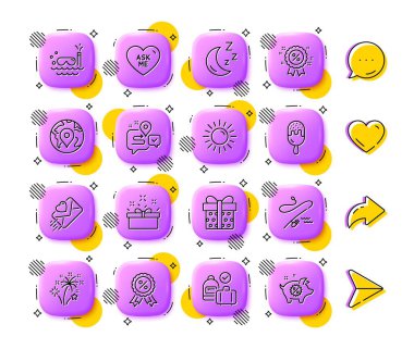 İğne, İndirim ve Dondurma çizgisi simgeleri. Uygulama 3d düğmeleri. Sosyal medya yorumları, paylaşım, ikonlar gibi. Aşk mektubu paketi, dalış, bana ikon sor. Vektör