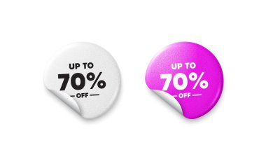 Etiket etiketleri indirimli. Parlak kağıt fiyatlı rozet. % 70 'e kadar indirimli. İndirimli fiyat tabelası. Özel teklif sembolü. Yüzde 70 tasarruf et. Yuvarlak çıkartma teklif et. Reklam afişi. Vektör