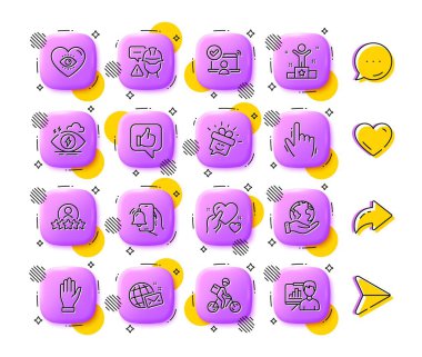 Meditasyon gözü, çevrimiçi erişim ve kalp çizgisi simgelerini tutun. Uygulama 3d düğmeleri. Sosyal medya yorumları, paylaşım, ikonlar gibi. El Paketi, İmleç, Gülme ikonu. Vektör