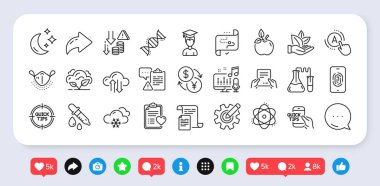 Kimya pipeti, Belgeler ve Parmak izi çizgisi simgeleri paketi. Sosyal medya: paylaşım, yorum, ikonlar gibi. Kar havası, karın kası testi, Podcast web simgesi. Vektör