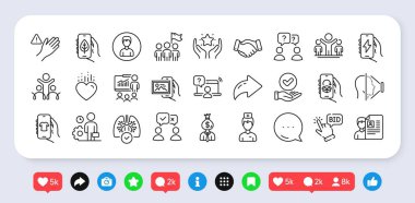 Yüz tanımlama, oy veren insanlar ve yönetici çizgisi simgeleri. Sosyal medya: paylaşım, yorum, ikonlar gibi. Onaylanmış onay kutusu, takım çalışması soruları, Kazanan web simgesi. Vektör