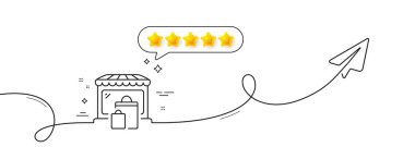 Pazar çizgisi simgesi. Paylaşım düzlemiyle aralıksız çizgi. Alışveriş torbaları tabelası. Pazarlama sembolü. Konuşma balonunda beş yıldızlı değerlendirme. Pazar tek sıra kurdelesi. Döngü eğrisi modeli. Vektör