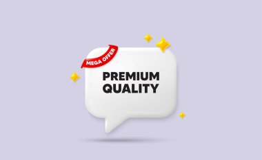 Birinci sınıf konuşma balonu. Mega bayrak kurdelesi sunar. Kaliteli etiket. Yüksek ürün işareti. En iyi teklif sembolü. 3D Pırıltılı Yıldızlar konuşma balonu. Vektör