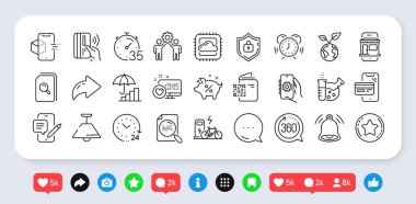 QR kodu, temassız ödeme ve kalp çizgisi simgeleri. Sosyal medya: paylaşım, yorum, ikonlar gibi. Zaman yönetimi, 360 derece, pazar yeri web simgesi. Arama dosyası, gezegeni kaydet, zaman çizelgesi. Vektör