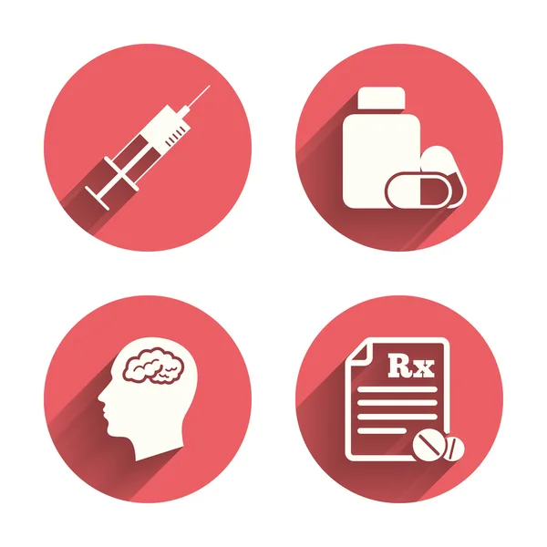 Medycyna ikony. Tabletki butelki, mózg — Wektor stockowy