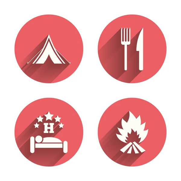 Comida, sono, barraca de acampamento e fogo — Vetor de Stock