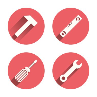 tornavida ve kabarcık seviyesi, çekiç.