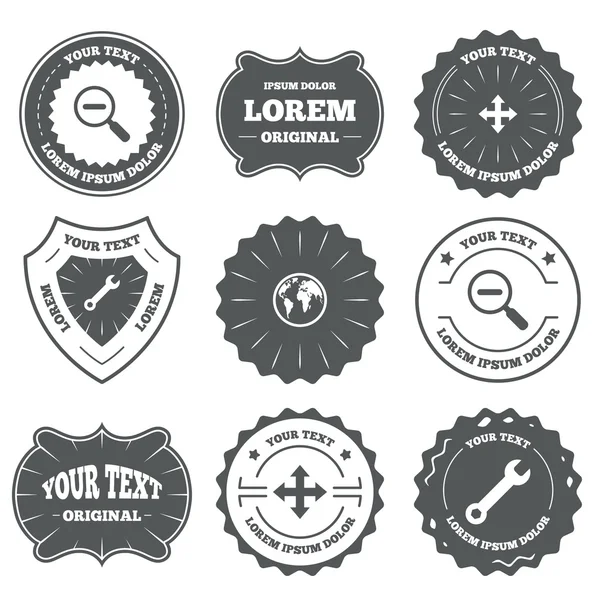 Magnifier glass and globe signs. Fullscreen. — Stock Vector