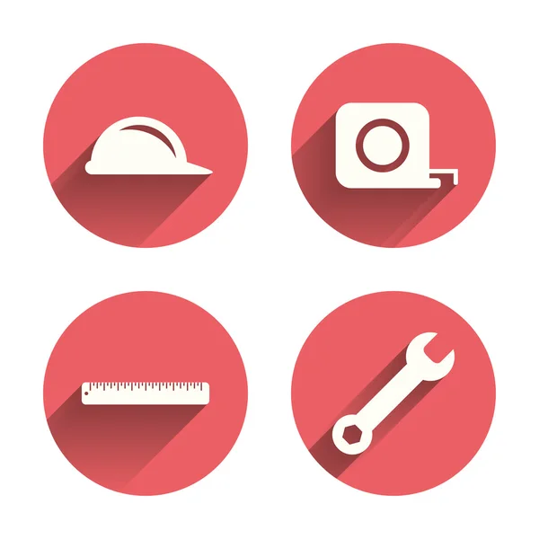 Construction helmet and ruler, roulette icons. — Stock Vector