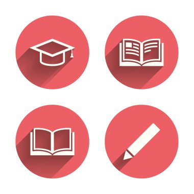 Kalem ve açık kitap işaretler. Mezuniyet kap simgesi.