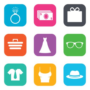 Aksesuarları, giyim simgeler. Alışveriş işaretleri.