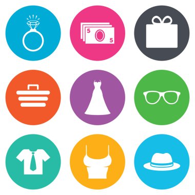 Aksesuarları, giyim simgeler. Alışveriş işaretleri.