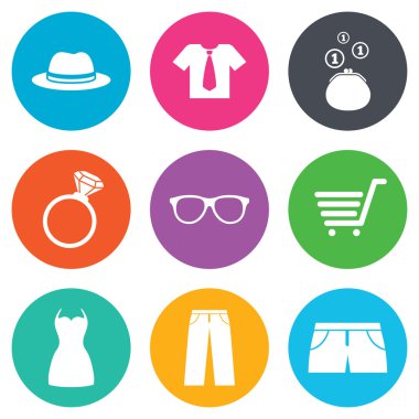 Kıyafetler, aksesuarlar simgeler. Alışveriş işaretleri.