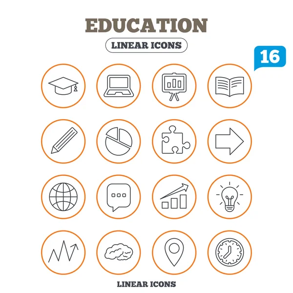 Ícones de educação. Boné de graduação, lápis — Vetor de Stock