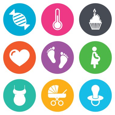Gebelik, doğum ve bebek bakım simgeleri.
