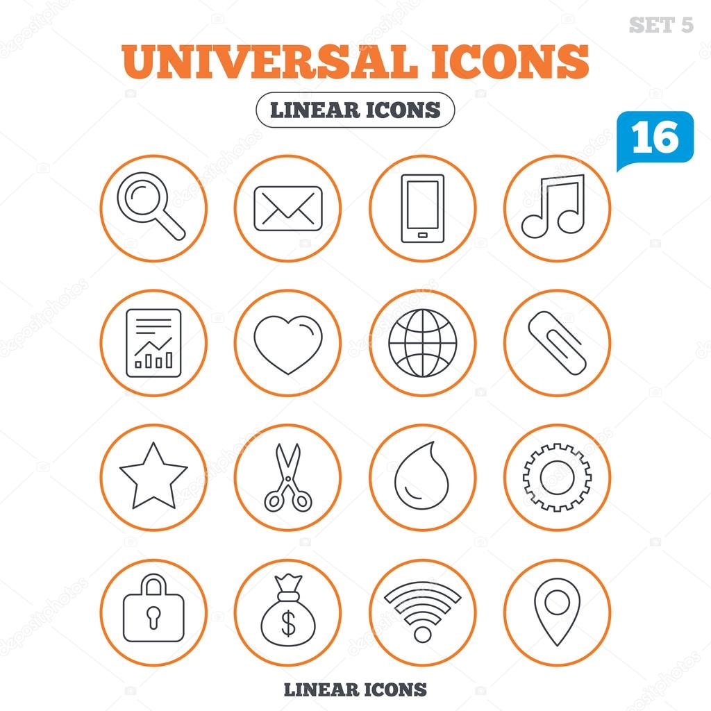 Universal icons. Smartphone, mail and music.