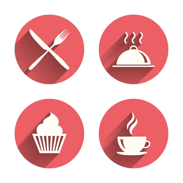 Iconos de comida. Muffin cupcake símbolo. Tenedor, cuchillo . — Vector de stock